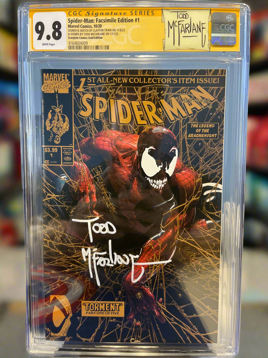 CGC Signature Series 9.8 Spider-Man: Facsimile Edition #1 Signed and Sketched by Clayton Crain & Signed by Todd McFarlane Scorpion Comics Gold Edition